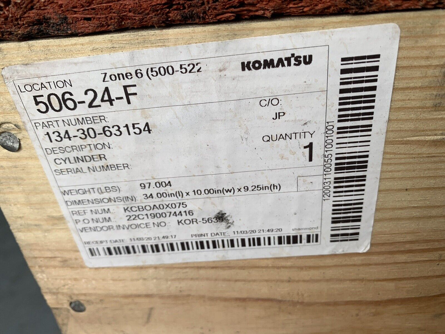 New Komatsu Genuine Part 134-30-63154 CYLINDER Tropical Pack