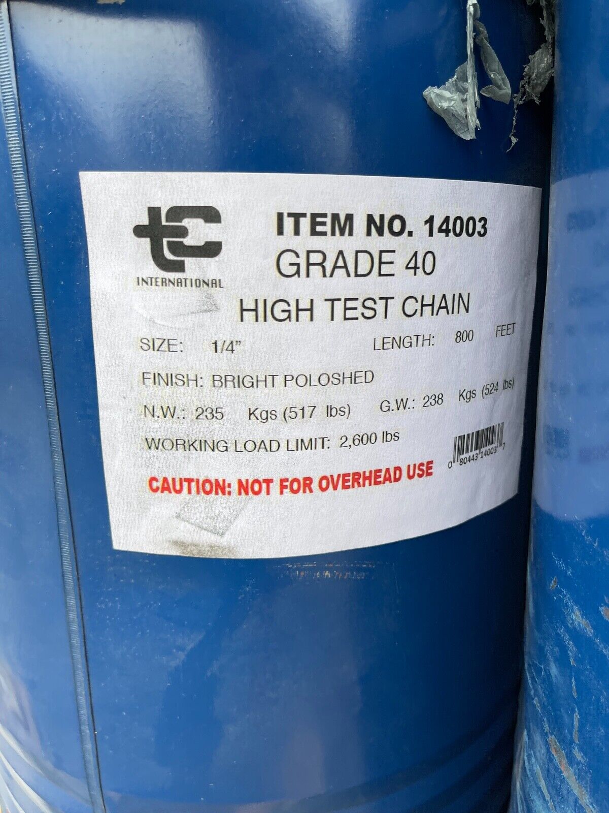 1/4" GR-40 HIGH-TEST LOG CHAIN TCI14003 Heavy-duty chain 800ft.