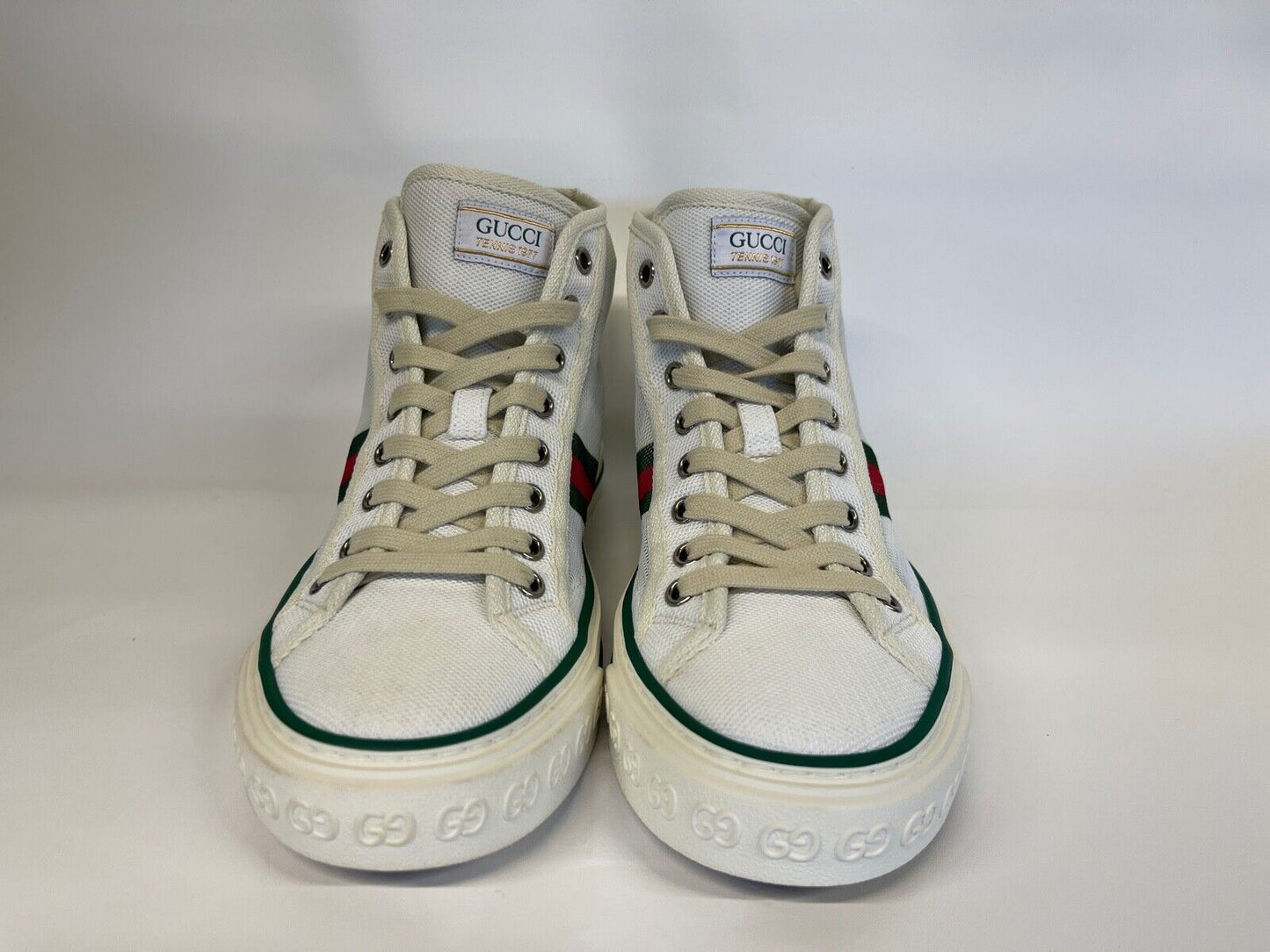 GUCCI White Mesh 'Gucci Tennis 1977' High-Top Sneakers EU Size 38.5