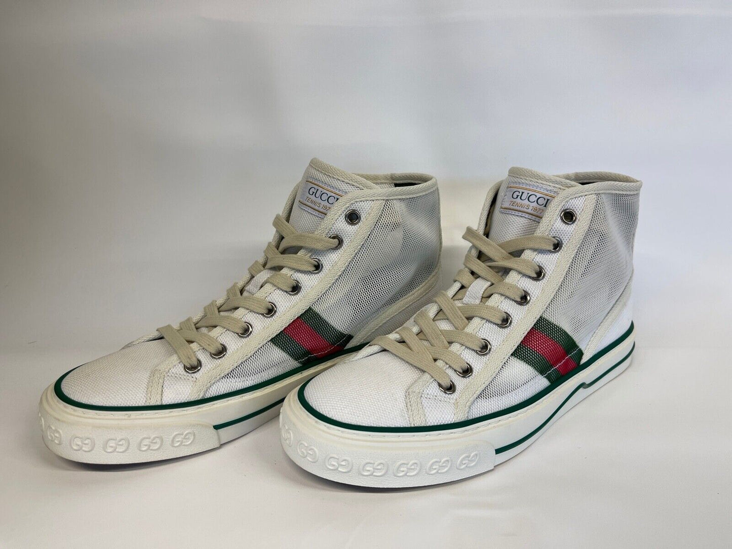 GUCCI White Mesh 'Gucci Tennis 1977' High-Top Sneakers EU Size 38.5