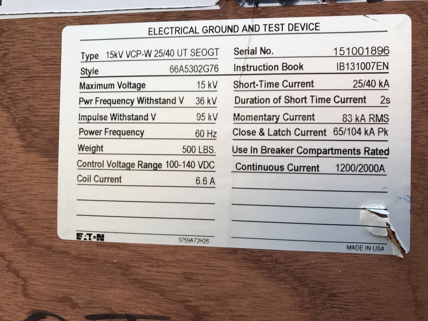 NEW EATON CUTLER HAMMER 66A5302G76 120V GROUND & TEST DEVICE