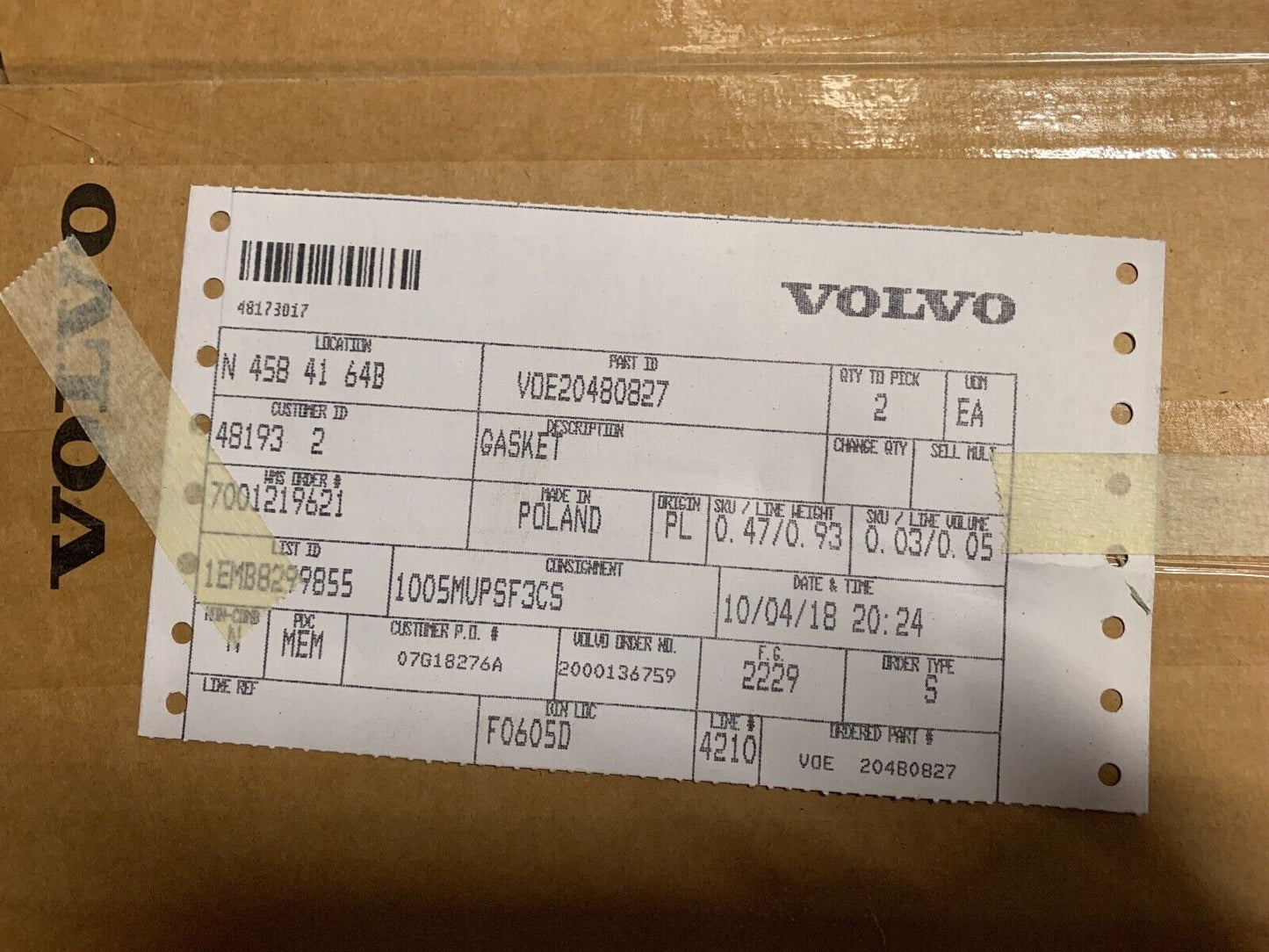 20480827 Volvo penta Gasket 20480827, New Genuine OEM Part