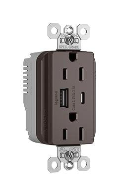 USB Receptacle, Commercial Grade, PlugTail Series, 15 A, 125 V, 2 Ports, USB Type A, USB Type C