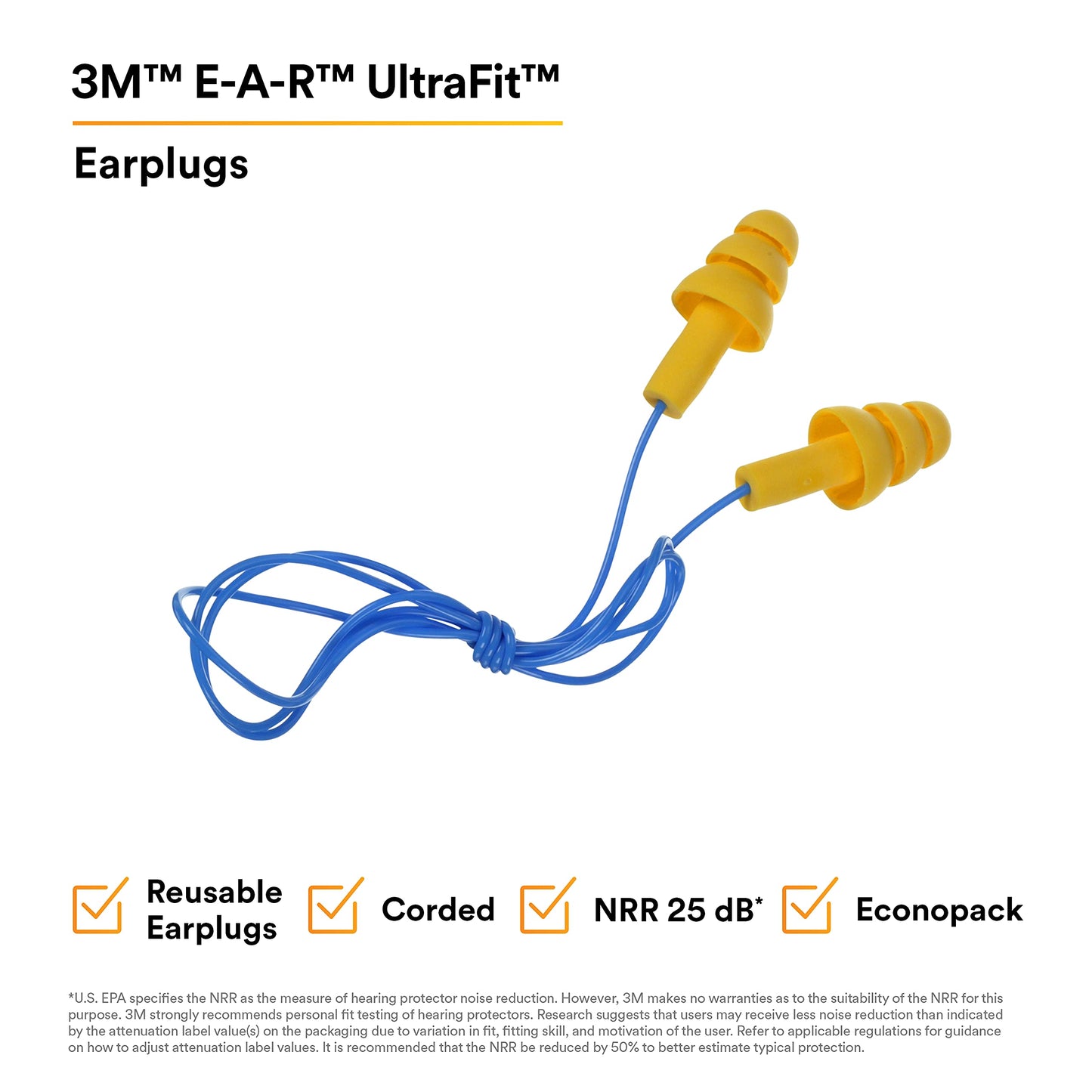 3M 40053 340-4014 E-A-R UltraFit Corded Earplugs in Econopack Dispenser Box (12" H, 9.25" L, 6.25" W), Elastomeric Polymer, One Size, Yellow (1 Carton containing 200 Pairs of Corded earplugs)